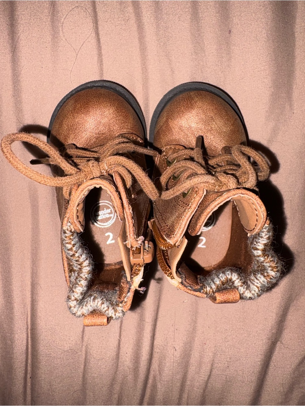 wonder nation Brown Lace-Up Kids Boots with Knit Cuff